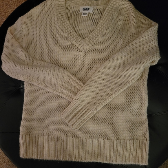 PINK Cream Colored V-Neck Sweater - Picture 5 of 5